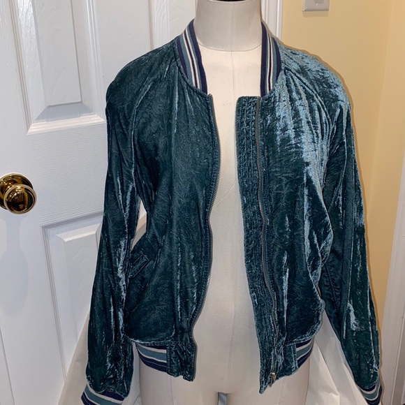NWOT gorgeous crushed velvet greenish/blue lightweight bomber jacket - Picture 2 of 4